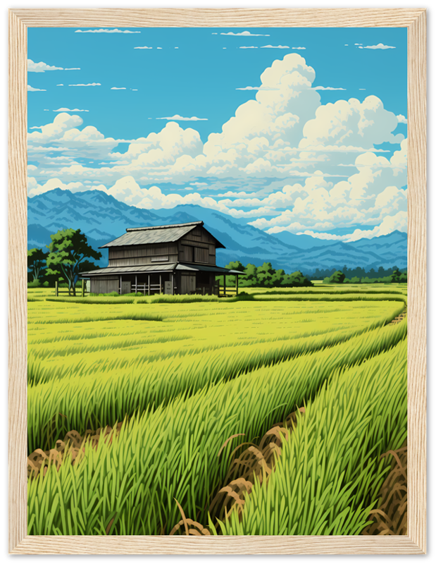 Illustration of a traditional house in a lush green rice field with mountains and blue sky in the background.