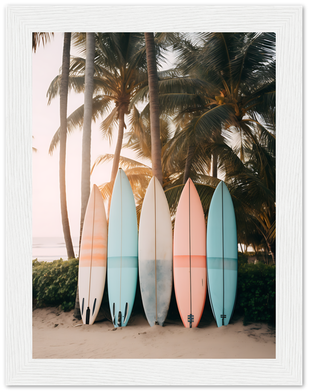 A collection of colorful surfboards leaning against a tropical palm backdrop.