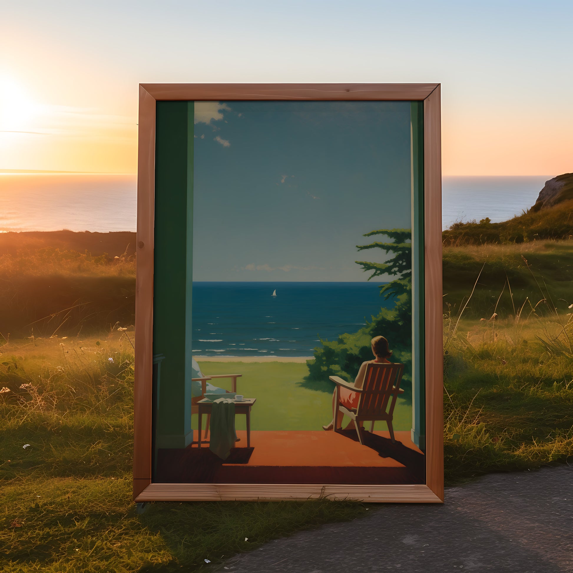 A painting of a person sitting on a chair by the sea, framed like a window against an outdoor backdrop.