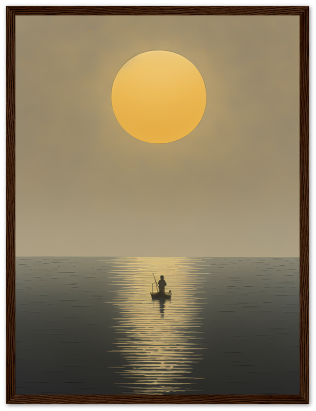 A framed image of a fisherman on a boat under a large sun with a reflective sea.