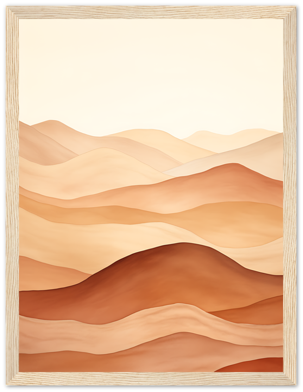 Illustration of serene desert dunes with warm tones, framed in white.