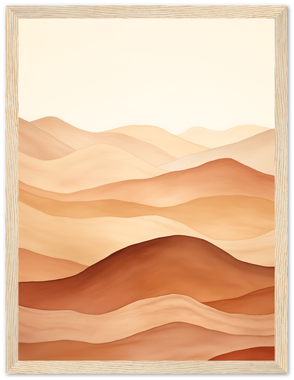 Illustration of serene desert dunes with warm tones, framed in white.