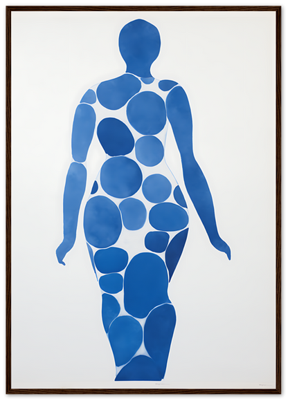 Abstract representation of a human figure composed of blue circular shapes on a white background.