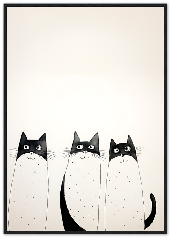 Three cartoon cats with prominent whiskers inside a wooden frame.