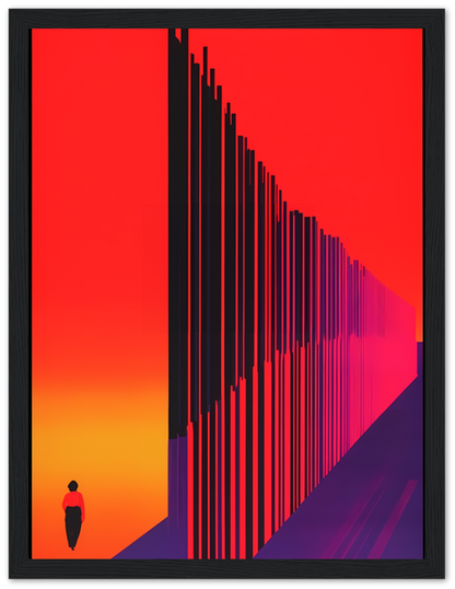 A solitary figure walking towards a vanishing point with vertical lines on a red background, framed in wood.