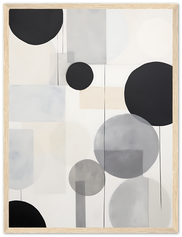 Abstract art with circles and muted tones in a wooden frame.