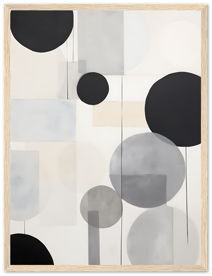 Abstract art with circles and muted tones in a wooden frame.