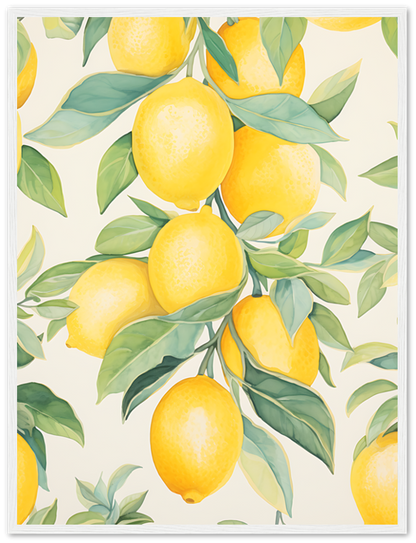 "Artistic illustration of ripe lemons on branches with lush green leaves."