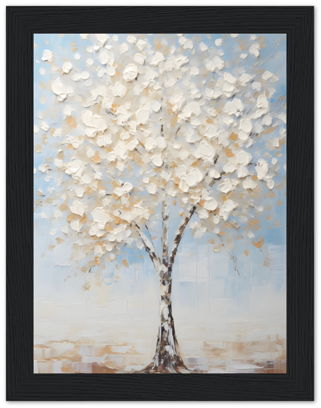 Impressionist-style painting of a blooming tree with white and gold leaves in a black frame.