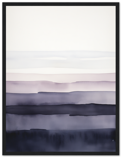 A framed abstract landscape painting with layered shades of purple and blue.