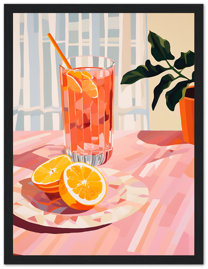 A stylized illustration of a glass of orange juice with a straw, halved oranges, and a plant on a table.
