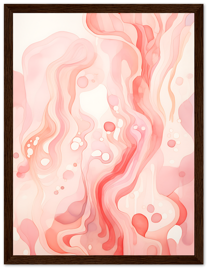 An abstract painting with wavy pink and white patterns framed in wood.