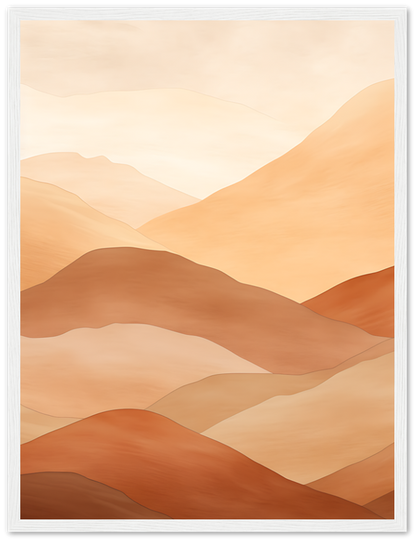 A framed art piece depicting stylized brown and beige mountain ranges.