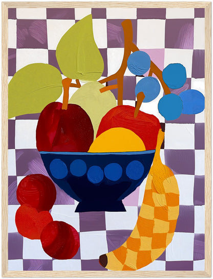 Abstract artwork of a fruit bowl with colorful, stylized shapes.