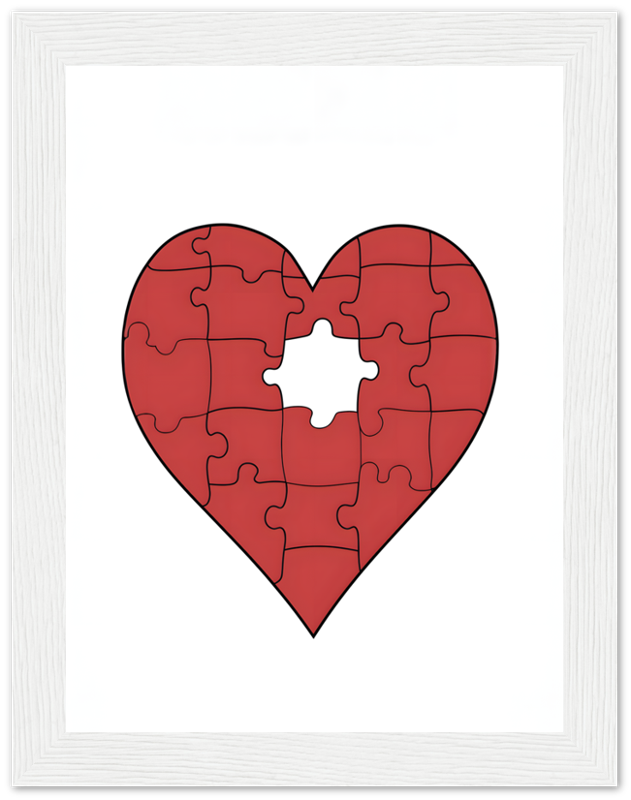 A framed puzzle in the shape of a heart with one piece missing.