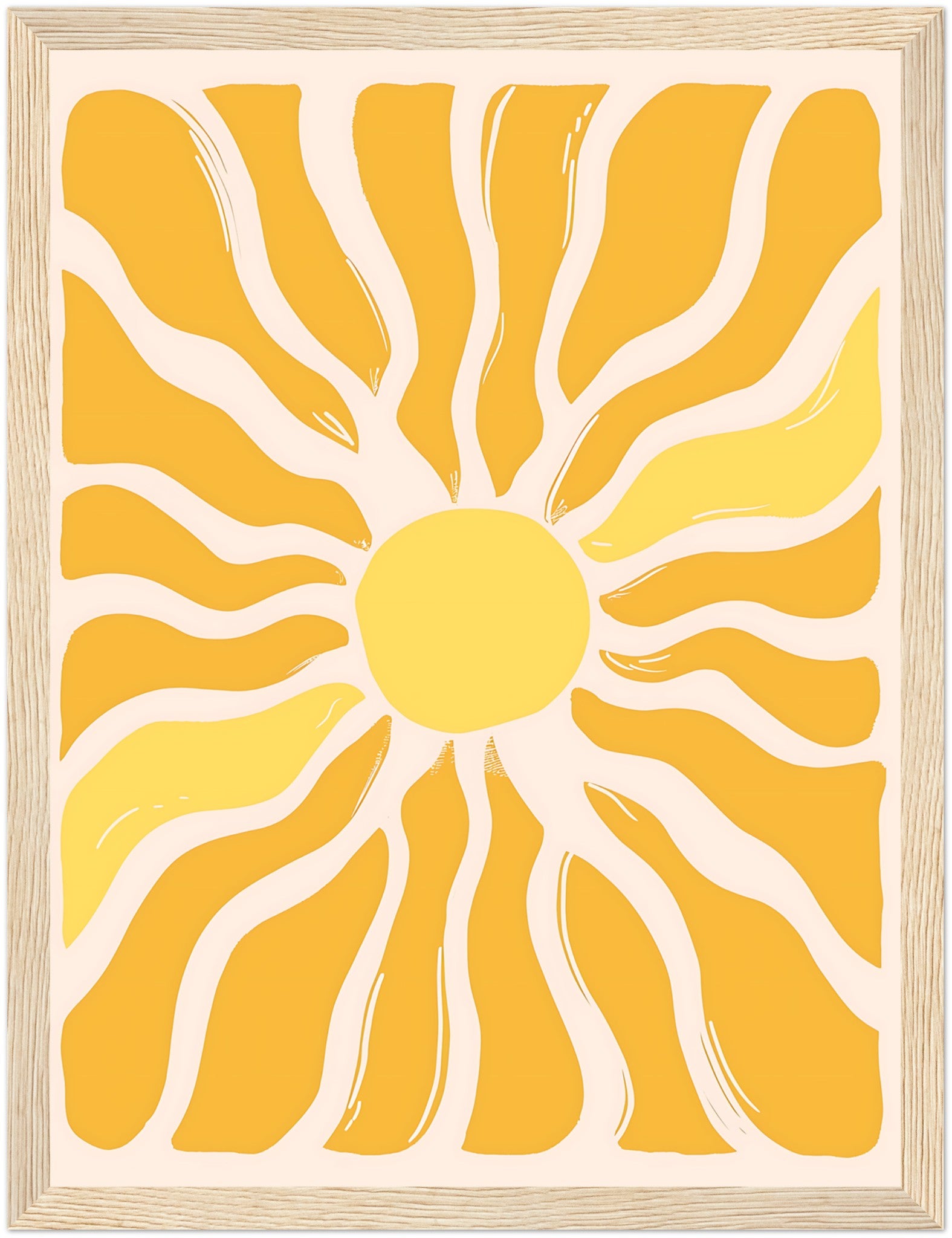 Abstract sunburst pattern with yellow and white rays on a framed canvas.