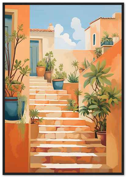 A colorful illustration of a Mediterranean scene with a staircase flanked by potted plants and orange walls.