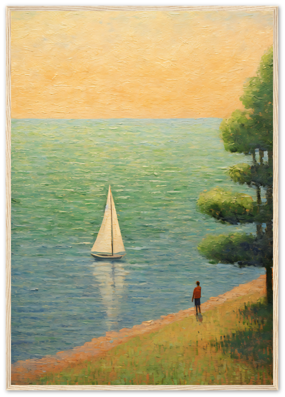 A framed painting of a person standing by the shore watching a sailboat at sunset.