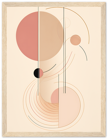 Abstract art with geometric shapes and lines in a wooden frame.