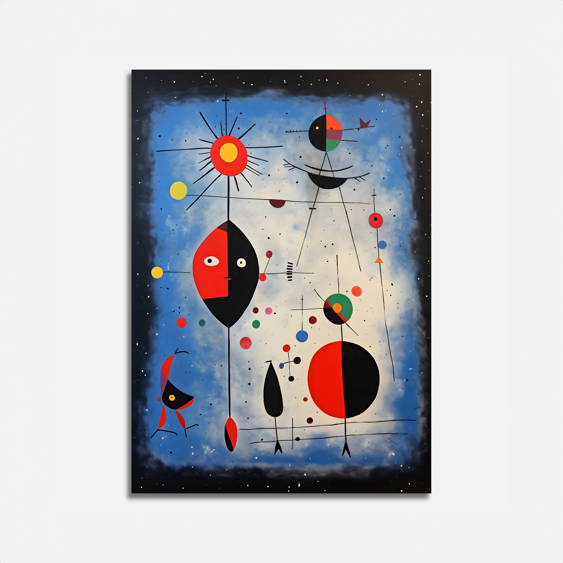 A vibrant abstract painting with geometric shapes and celestial motifs on a dark background.