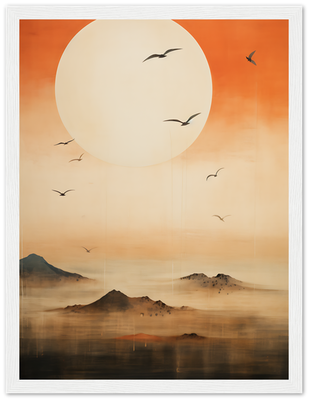 "Artistic depiction of birds flying over misty mountains with a large sun in the background."