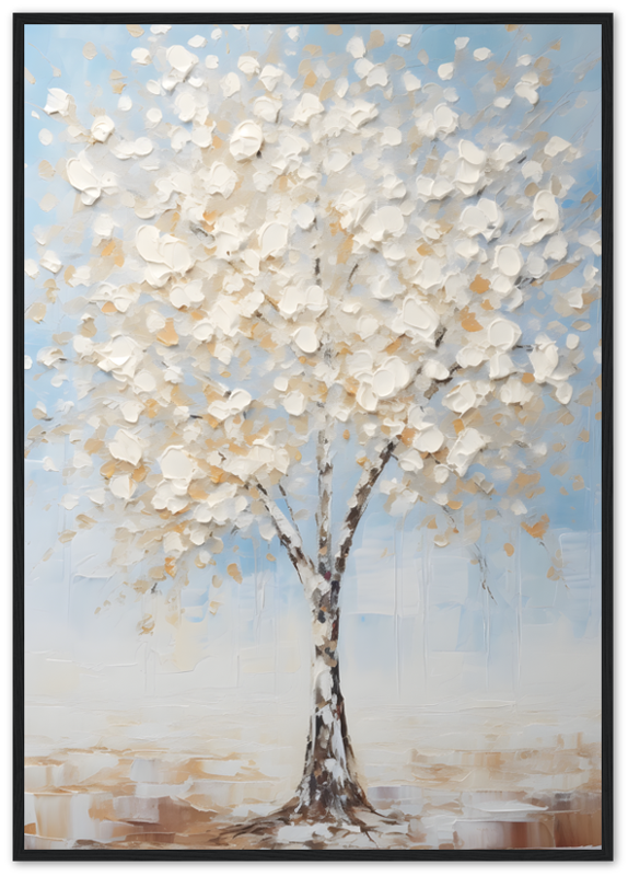 Painting of a blooming tree with white and beige leaves on a blue background, in a wooden frame.