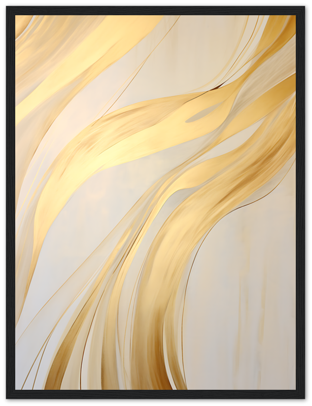 Abstract golden swirls on a light background within a black frame.