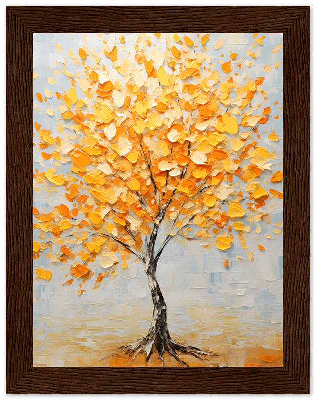 A vibrant impasto painting of a tree with golden leaves in a brown frame.