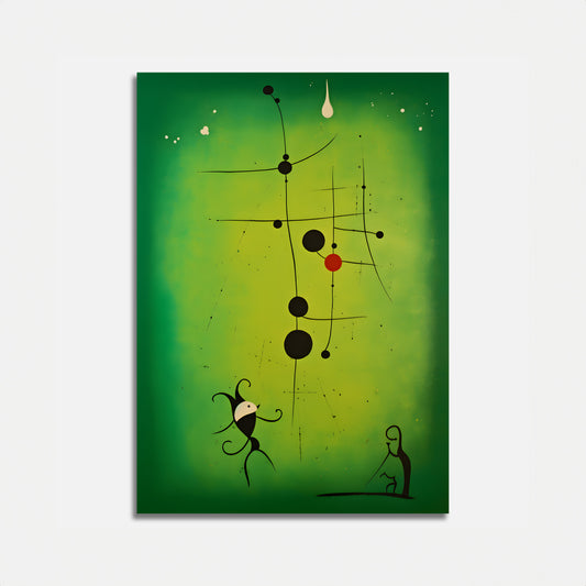 Abstract art on canvas featuring geometric shapes and silhouettes with a green backdrop.