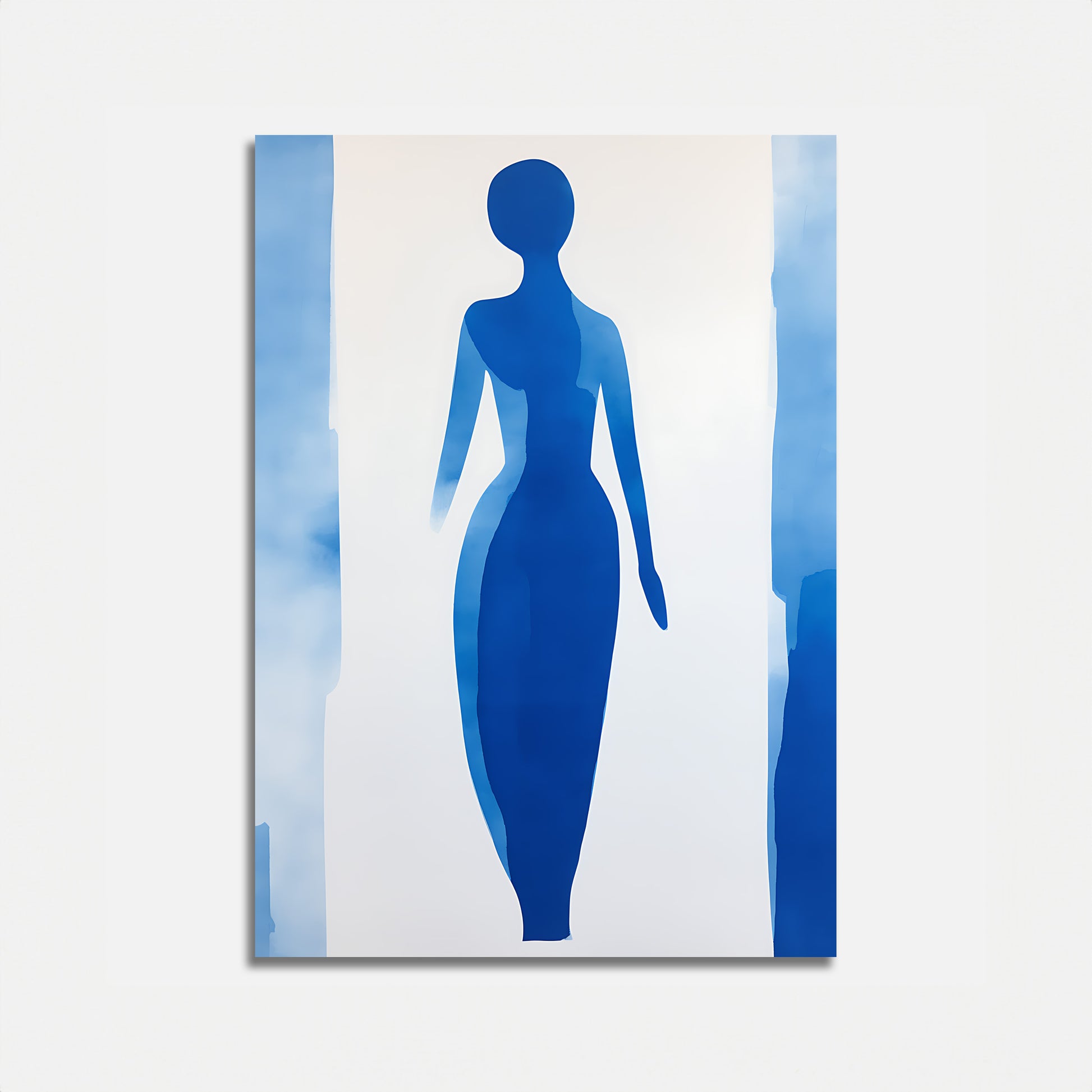 Abstract silhouette of a female figure in blue against a cloudy sky background.