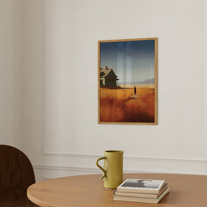 A framed painting on a wall depicting a house in a field with a person, viewed from a room with a mug and books on a table.