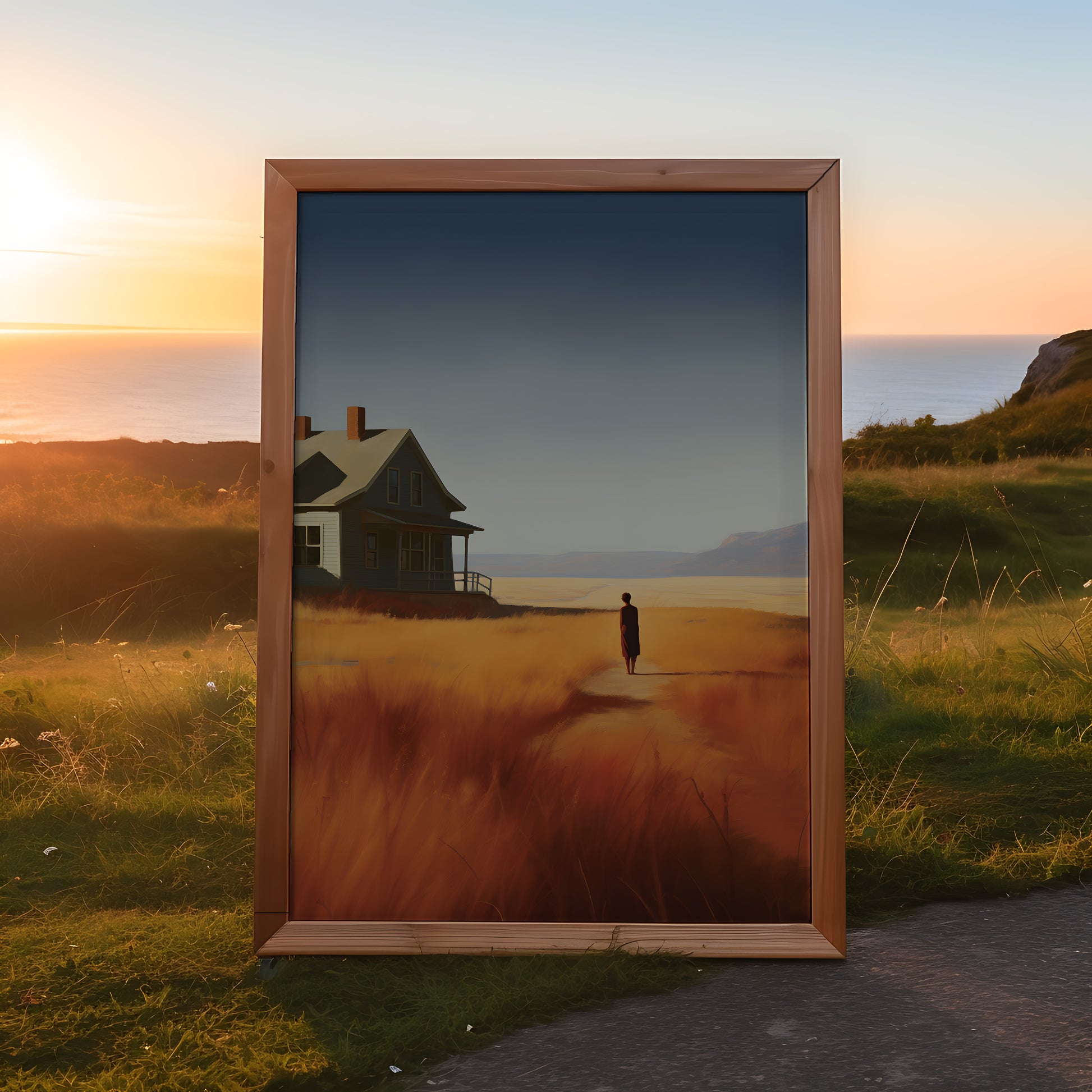 A painting of a person standing by a house, looking at a distant horizon, displayed in a frame positioned outdoors at sunset.