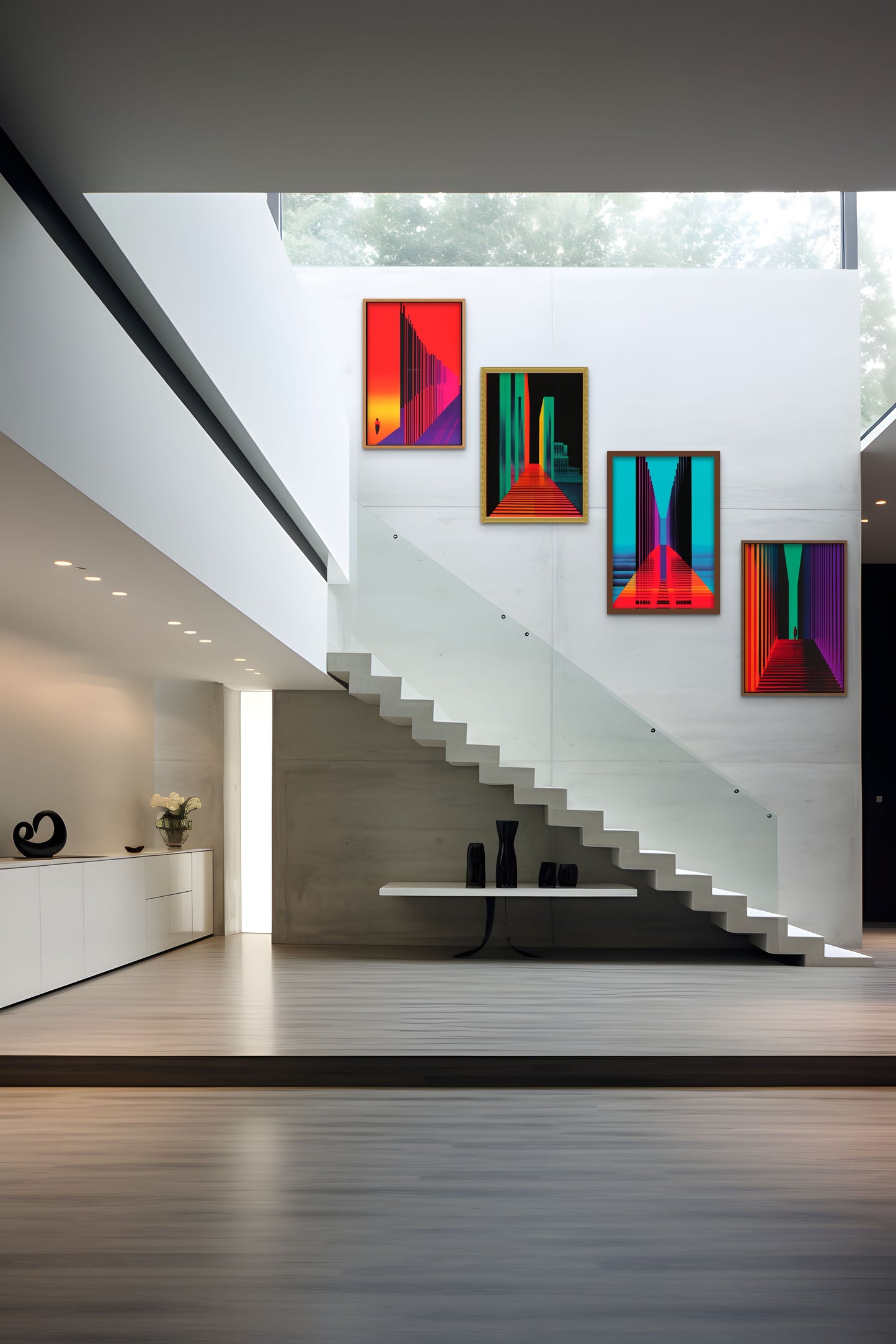A modern staircase in a minimalist interior with colorful artwork on the wall.