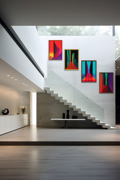 A modern interior with a white staircase and colorful artwork on the wall.
