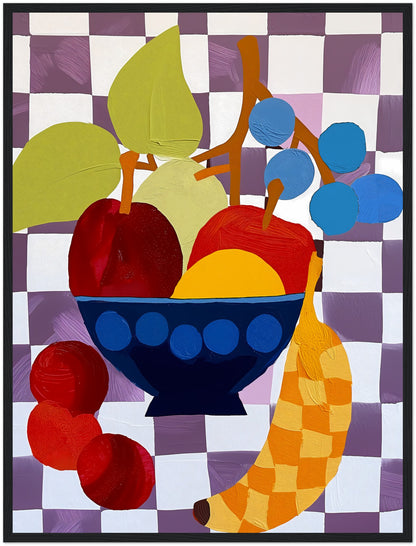 Abstract artwork of a fruit bowl with colorful, stylized shapes.