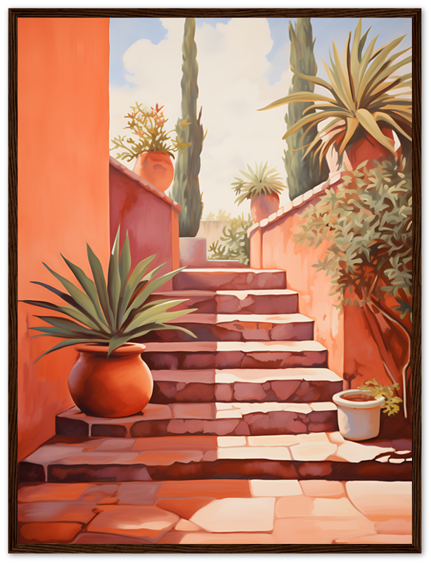 A painting of a sunlit stairway with plants beside an orange wall.