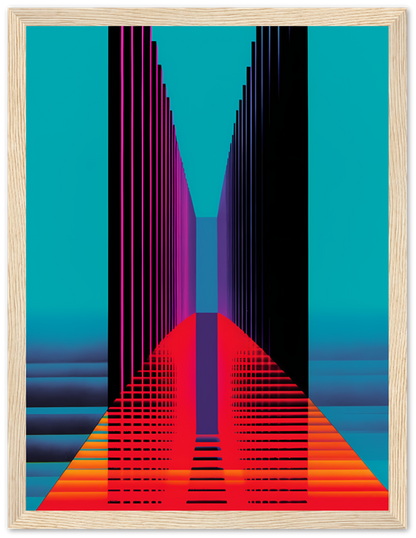 Colorful geometric abstract art with a central vanishing point and a white frame.