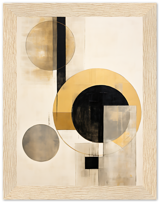 Abstract geometric artwork with circles and rectangles in neutral tones within a framed canvas.
