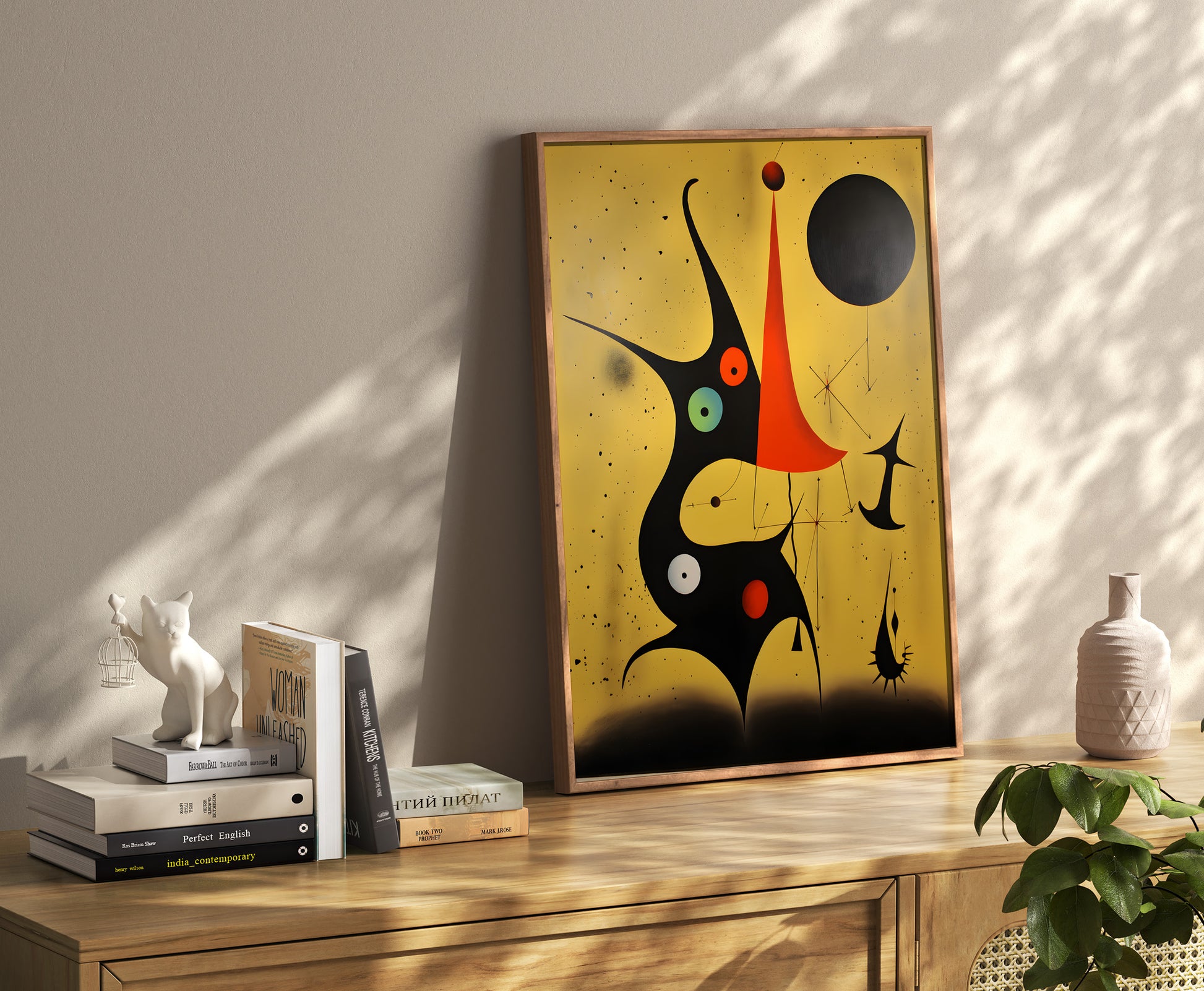 Modern abstract art on canvas in a stylish room with decorative items and books on a shelf.