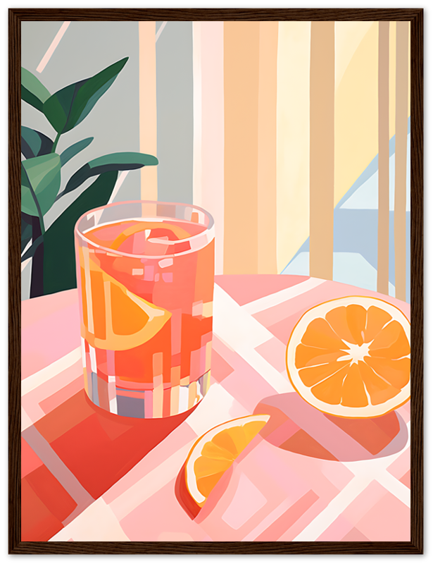 A stylized illustration of a glass of iced drink with citrus slices, next to cut oranges on a checkered surface.