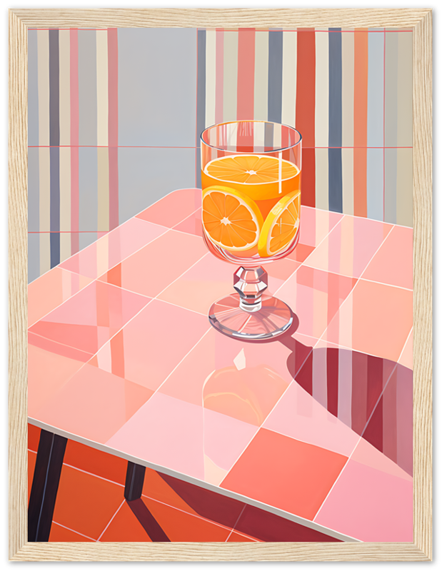 A glass of orange juice with slices of orange on a table with striped background.