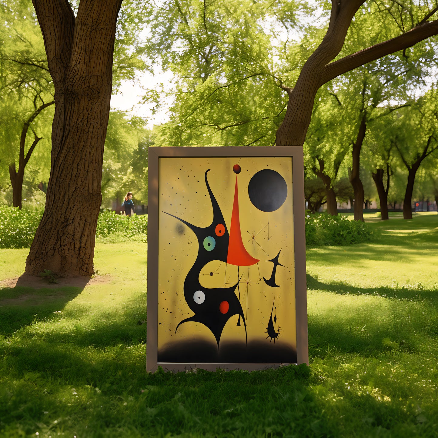 Abstract art on an easel in a park setting.