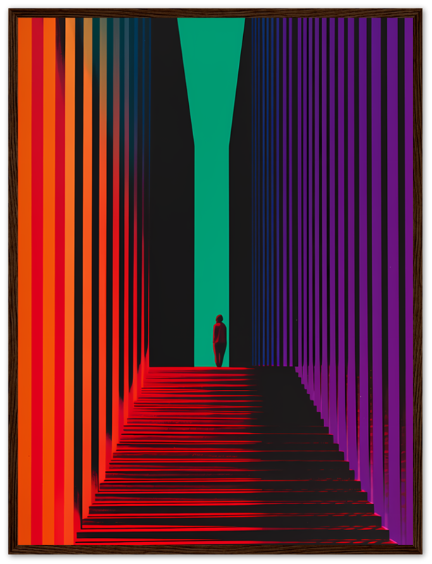 Abstract colorful geometric artwork with a person silhouetted in the center.