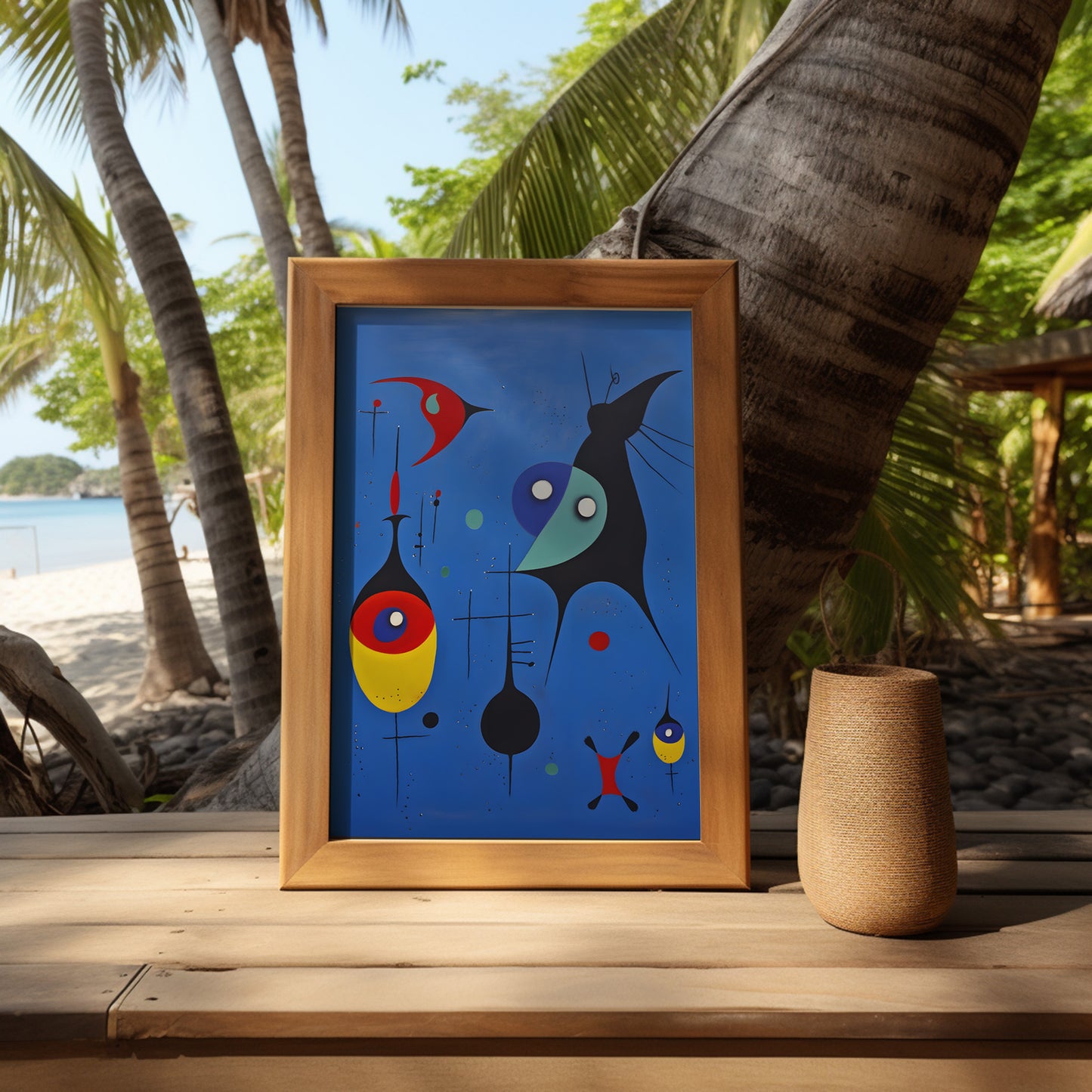 Abstract art in a frame on a beachside wooden table near a palm tree.