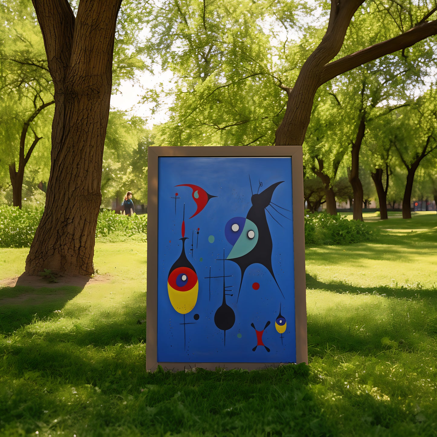 A colorful abstract painting on an easel in a lush park setting.