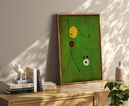 Modern abstract painting on an easel with books and decor in a sunny room.