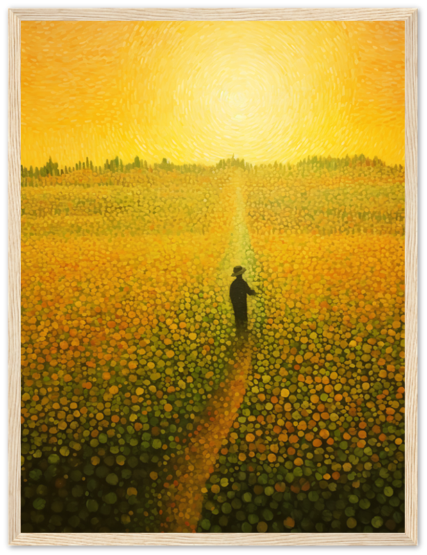 Painting of a person walking on a path through a field of flowers under a swirling yellow sky.