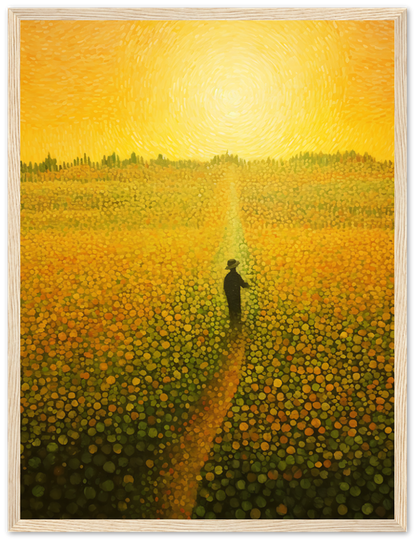 Painting of a person walking on a path through a field of flowers under a swirling yellow sky.