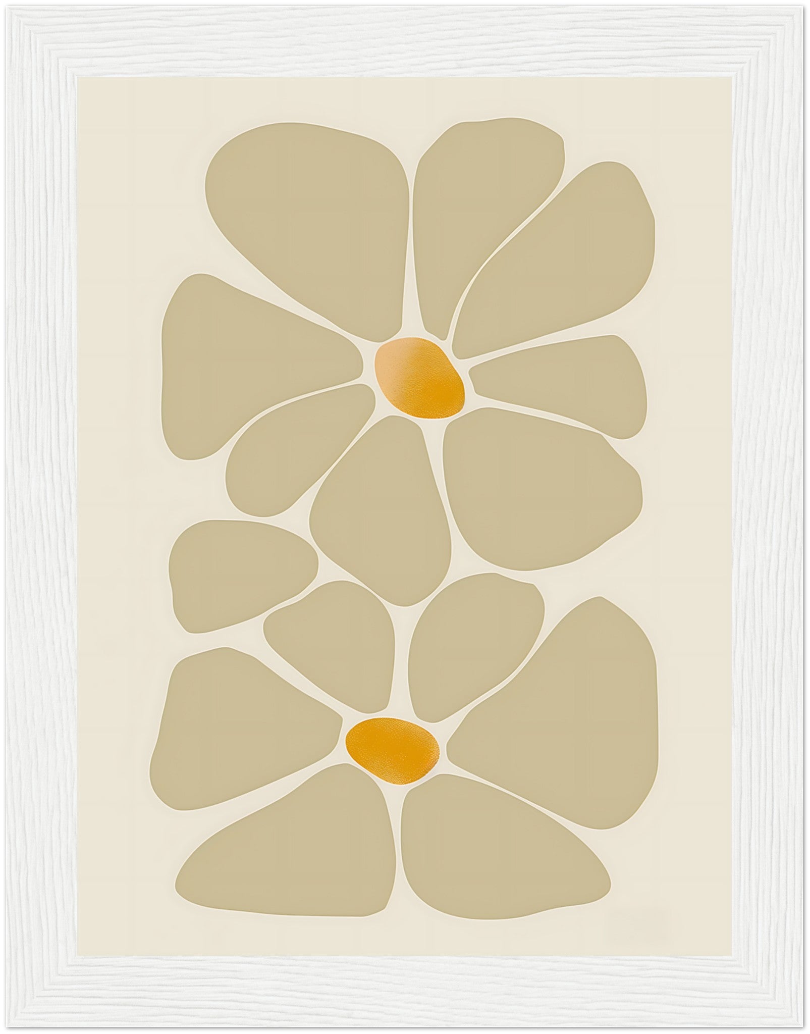 Abstract floral design in earth tones, framed with a wooden border.