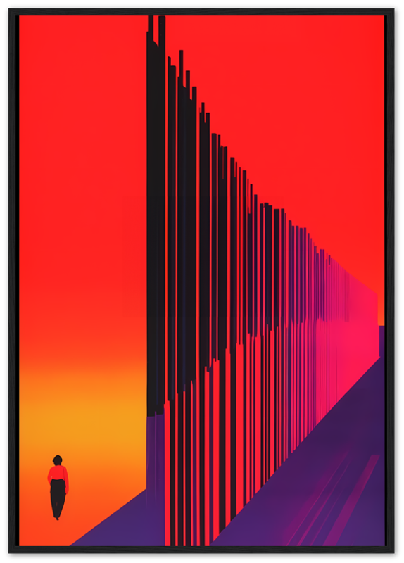 A solitary figure walking towards a vanishing point with vertical lines on a red background, framed in wood.